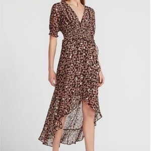 Express Brown Leopard-Print High-Low V-Neck Dress